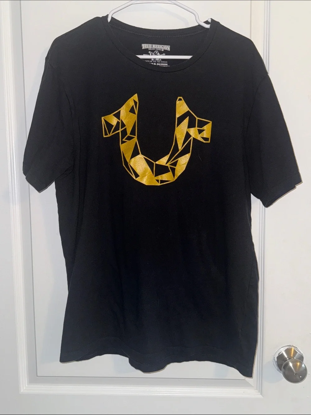 True Religion Black Short Sleeve Tee with Gold Geometric Horseshoe